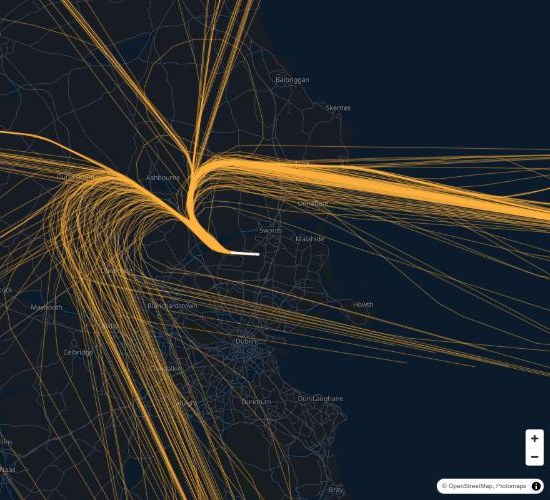 The Overhead App: one day of North Runway jet departures drawn in orange over a map of north County Dublin and south Meath